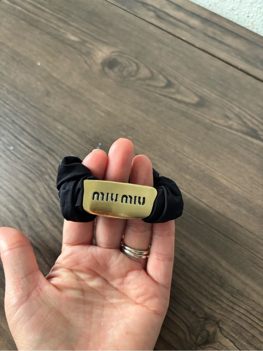 Miu Miu Black Scrunchie with Gold Logo Plaque set of 2